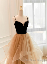 A-Line Champagne Tulle Sweetheart Beaded Long Semi Formal Prom Dress, Tulle Layers Party Dress
